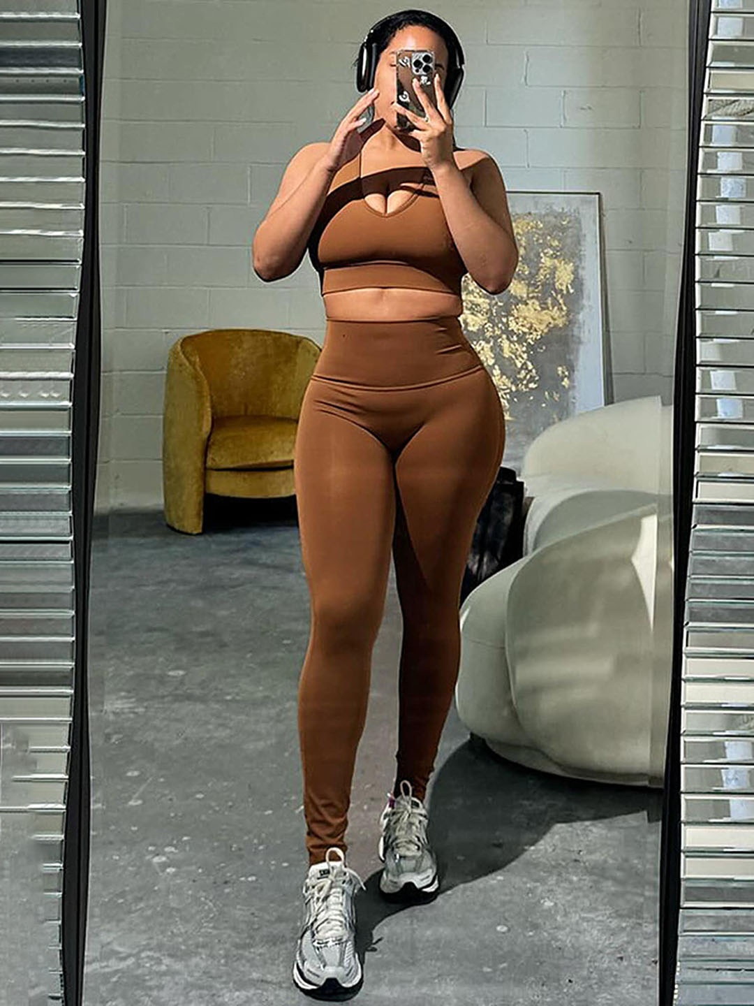 

LULU & SKY Halter Neck Crop Top & Legging, Brown