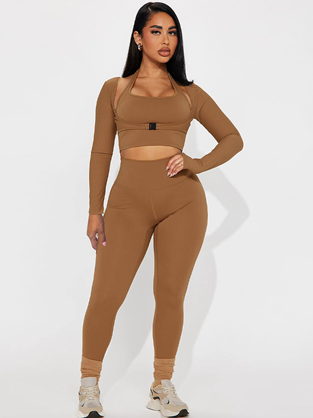 

LULU & SKY Halter Neck Crop Top With Bolero & Leggings Co-Ords, Brown