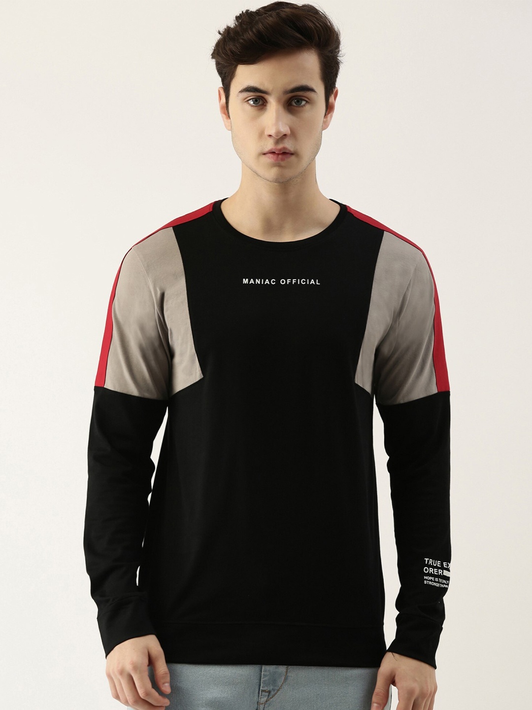 

Maniac Colourblocked Long Sleeves Cotton Slim Fit T-shirt, Black