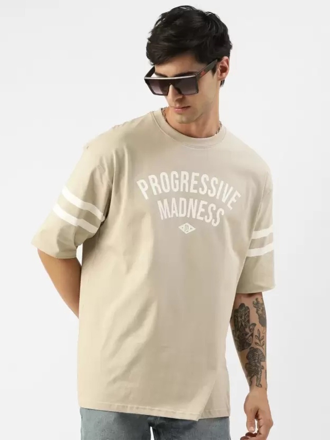 

Maniac Typography Printed Drop-Shoulder Sleeves Cotton Oversized T-shirt, Beige