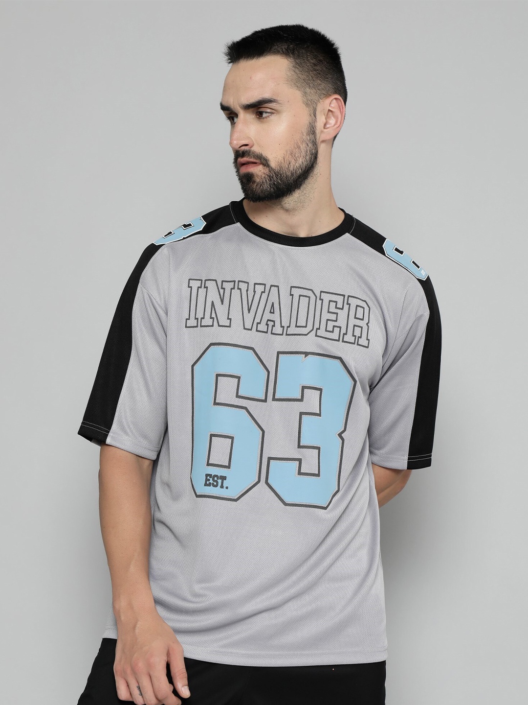 

Maniac Varsity Printed Drop-Shoulder Sleeves Oversized T-shirt, Grey