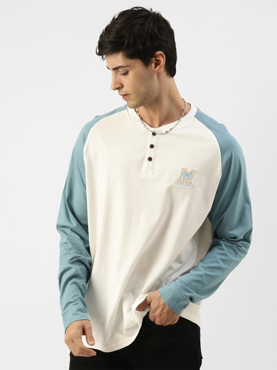 

Maniac Henley Neck Raglan Sleeves Oversized Cotton T-shirt, White