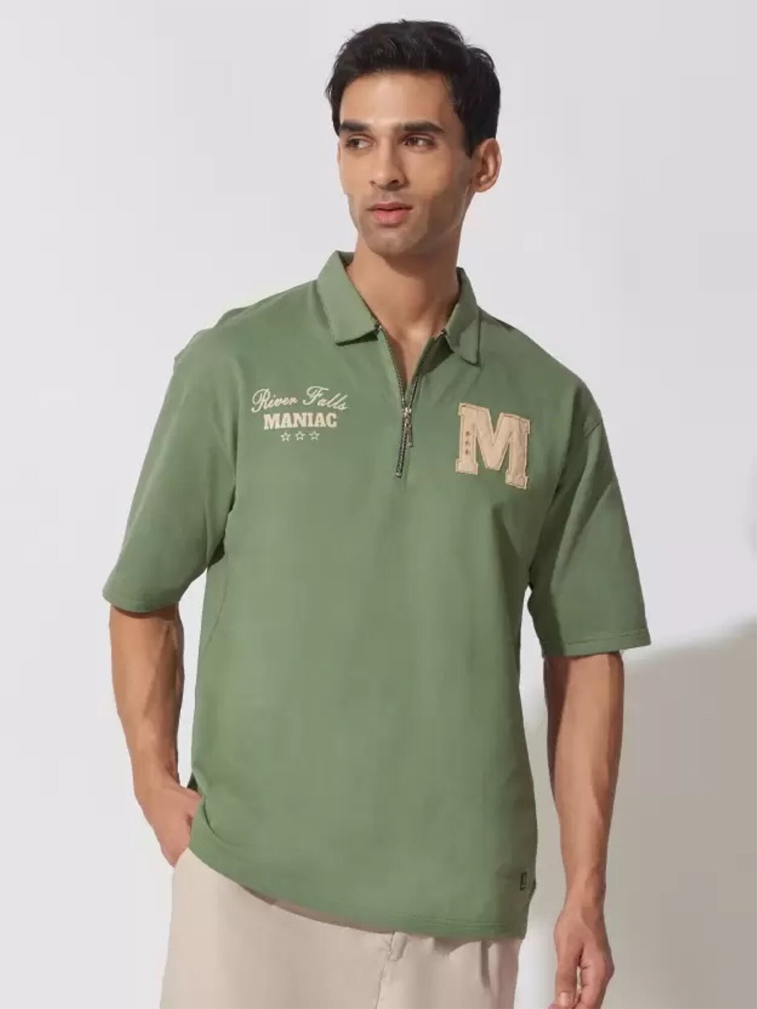 

Maniac Varsity Printed Polo Collar Oversized Cotton T-shirt, Green