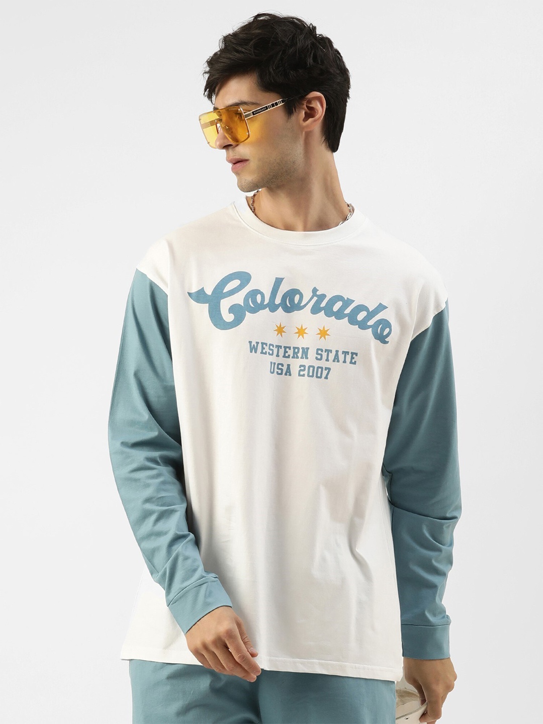

Maniac Typography Printed Drop-Shoulder Sleeves Cotton Oversized T-Shirt, Blue