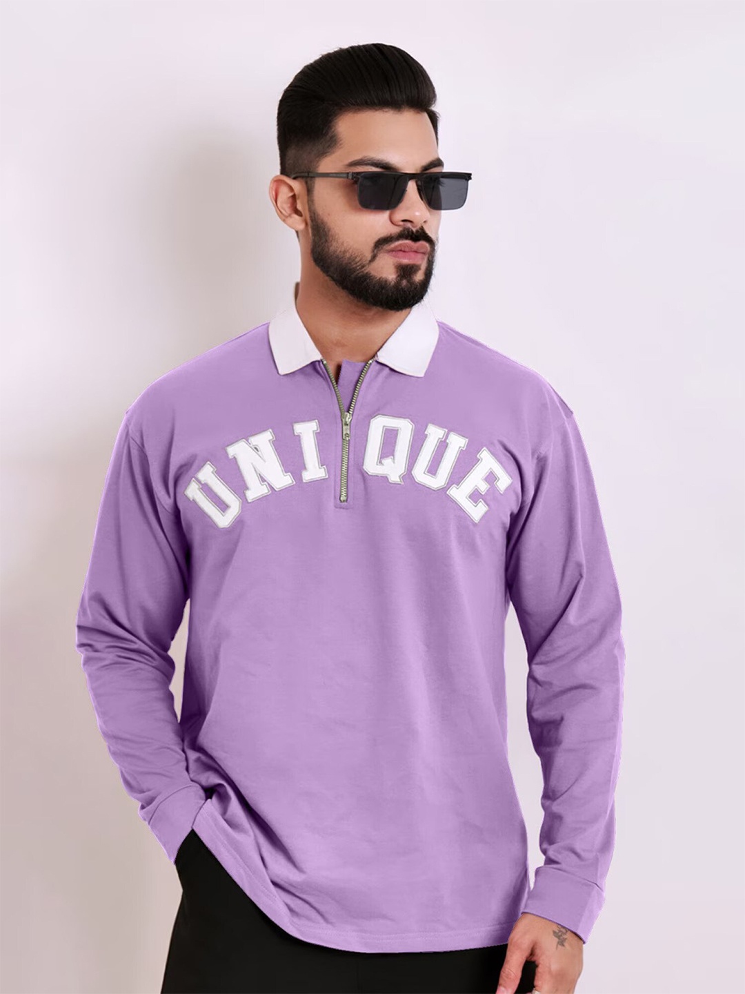 

Maniac Typography Printed Polo Collar Cotton Oversized T-Shirt, Lavender