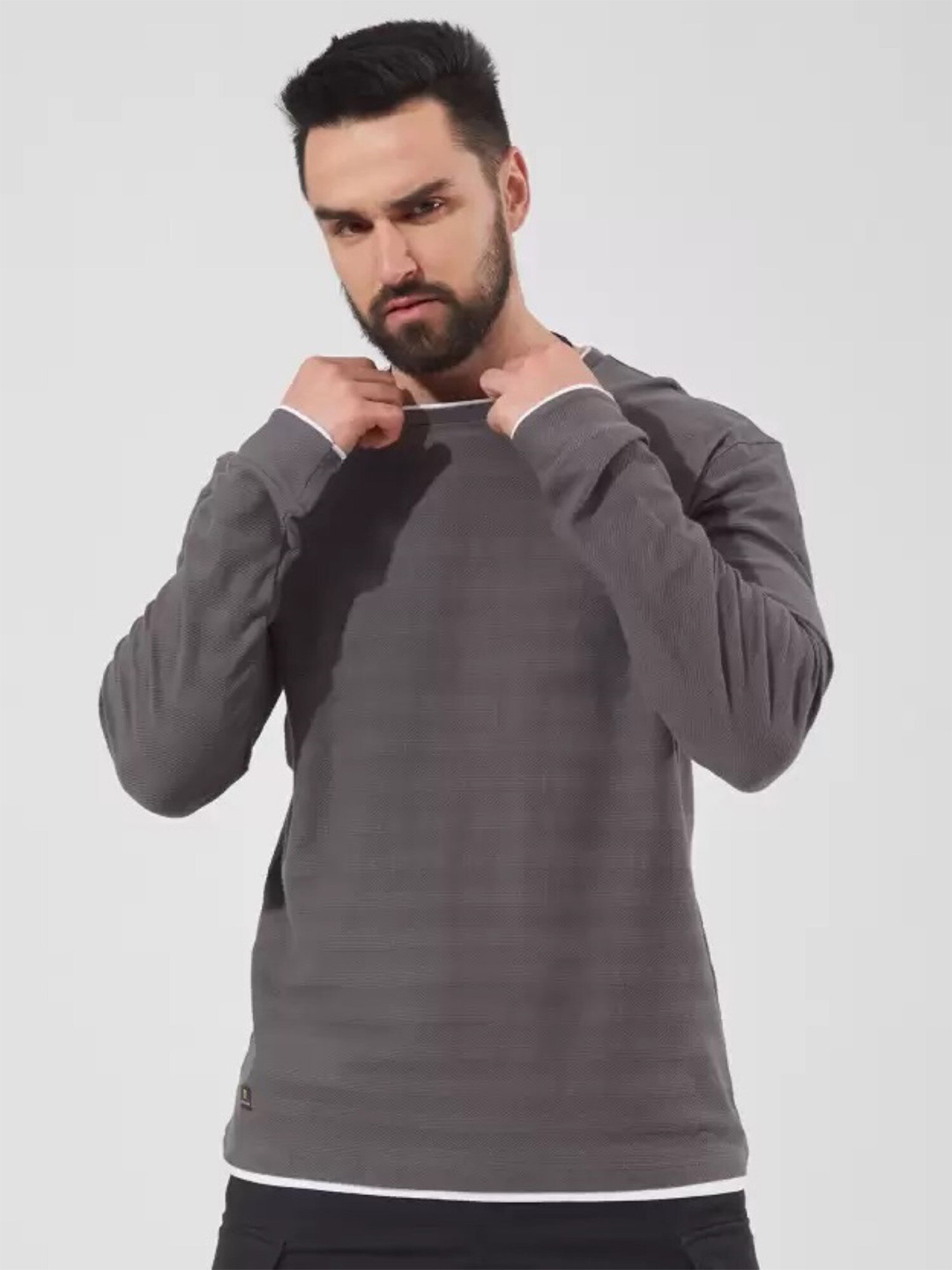 

Maniac Self Design Round Neck Slim Fit Cotton T-shirt, Grey
