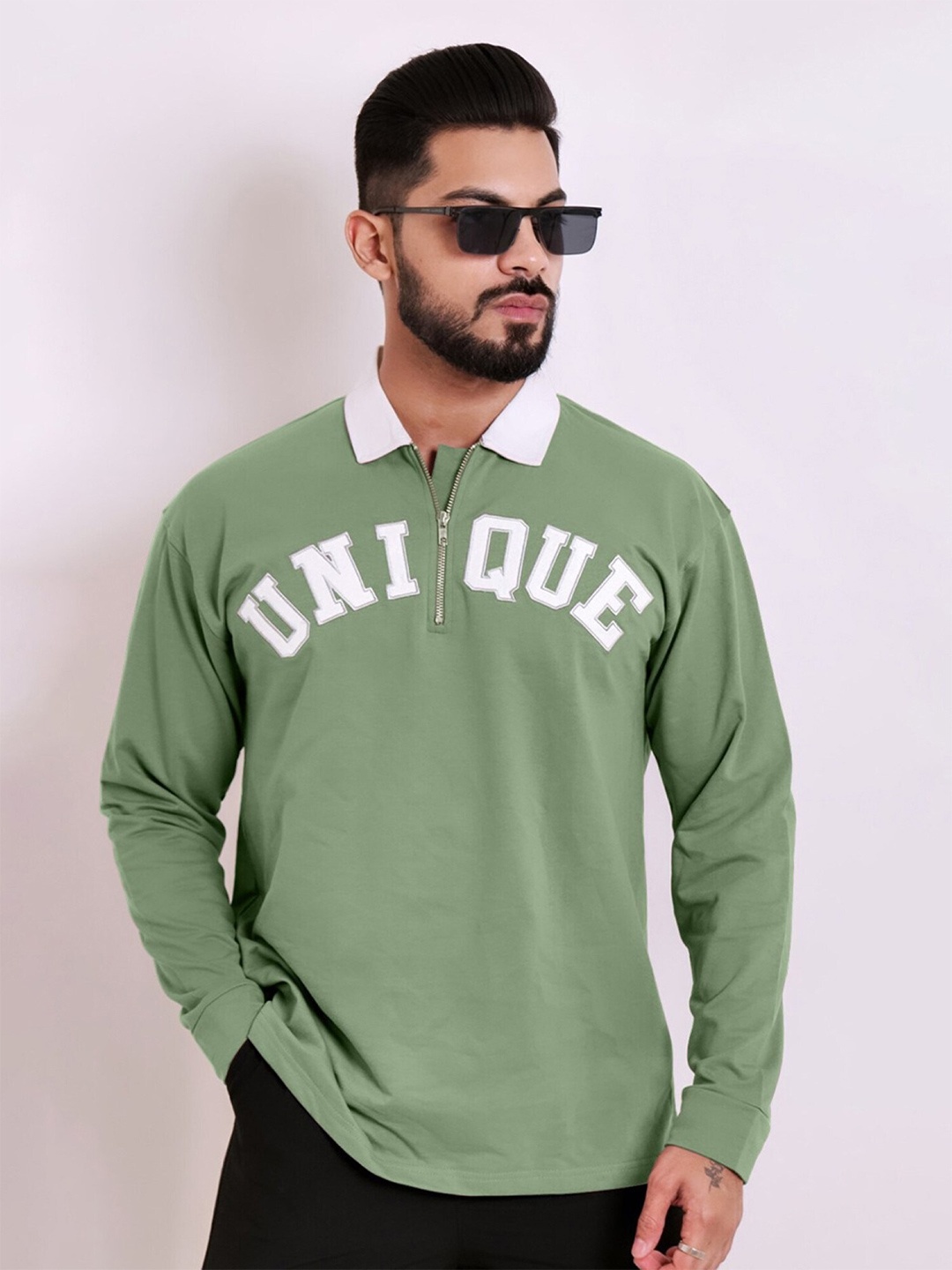 

Maniac Typography Printed Polo Collar Cotton Oversized T-Shirt, Green