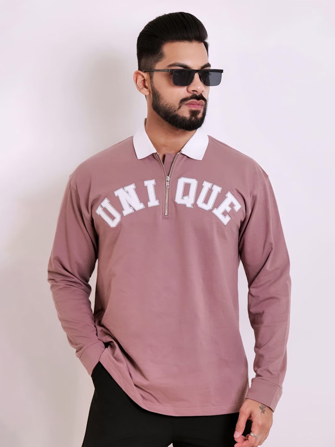 

Maniac Typography Printed Polo Collar Cotton Oversized T-Shirt, Brown