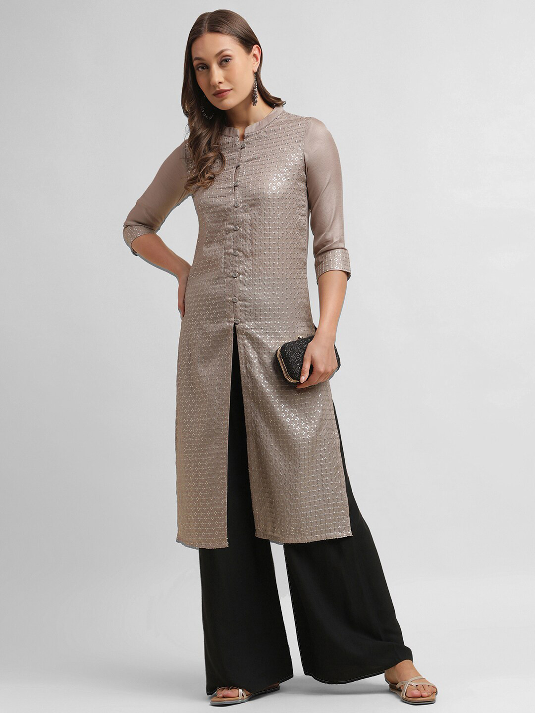 

KALINI Embroidered Woven Design Mandarin Collar Straight Kurta, Brown