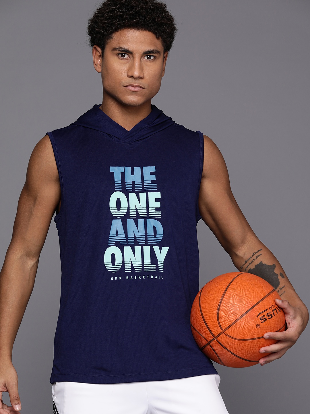 

HRX by Hrithik Roshan Men Typography Printed Hooded Basketball T-shirt, Navy blue