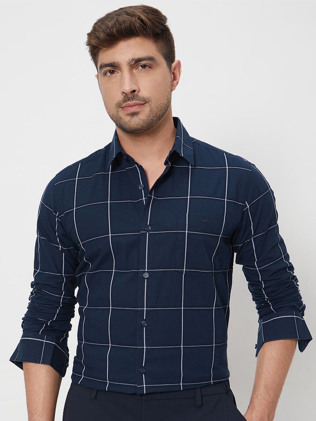 

Mufti Slim Fit Windowpane Checks Spread Collar Long Sleeves Cotton Casual Shirt, Navy blue