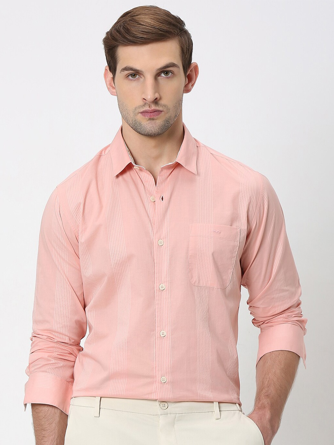 

Mufti Slim Fit Vertical Striped Cotton Casual Shirt, Pink