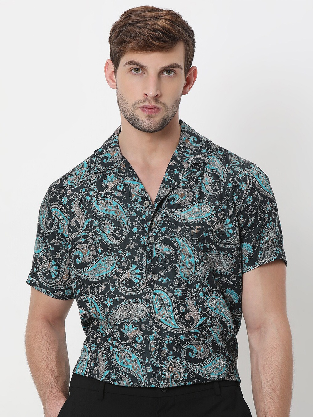 

Mufti Paisley Printed Spread Collar Relaxed Fit Cotton Casual Shirt, Black