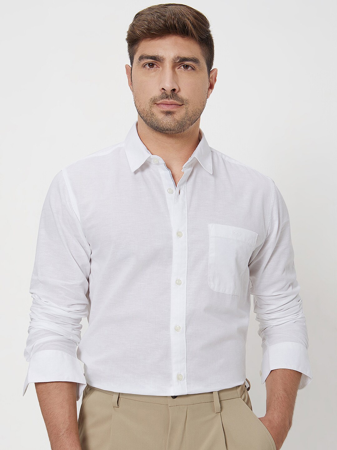 

Mufti Slim Fit Spread Collar Long Sleeves Cotton & Linen Casual Shirt, White
