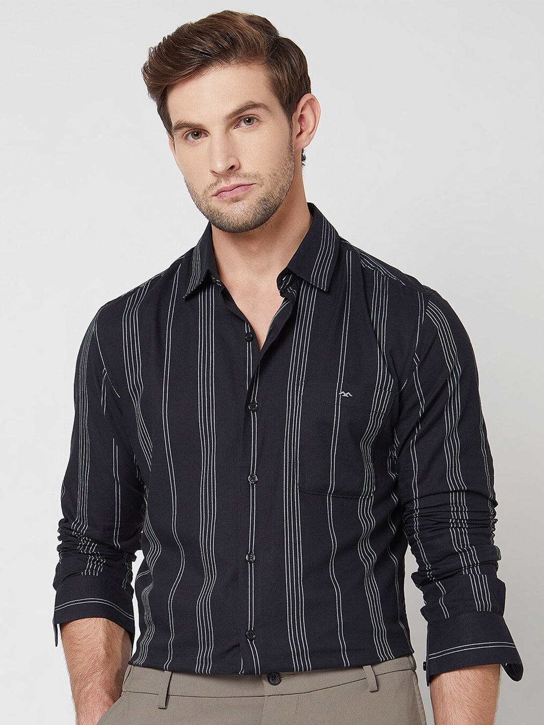 

Mufti Slim Fit Striped Spread Collar Long Sleeves Casual Shirt, Black