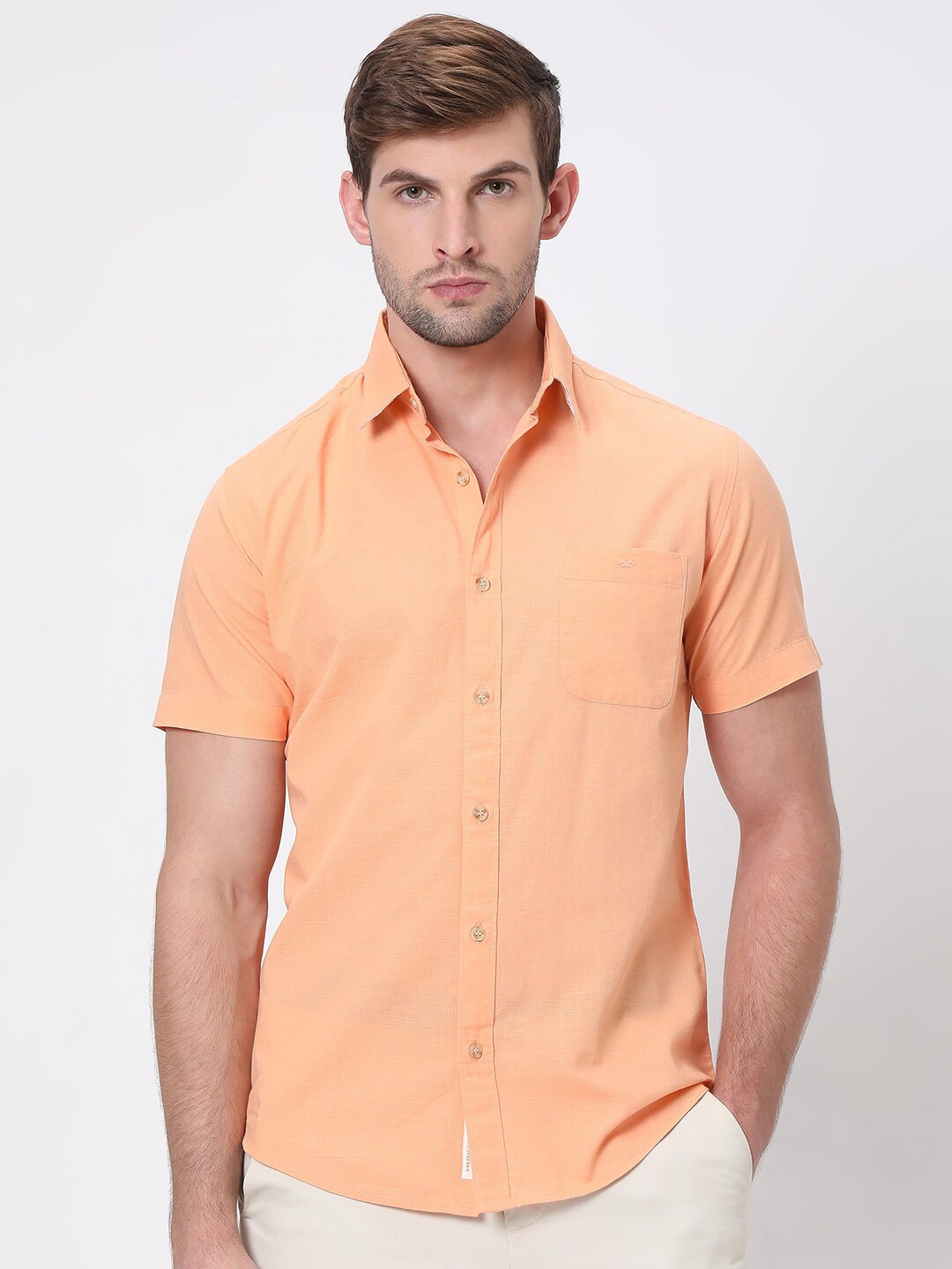 

Mufti Slim Fit Spread Collar Cotton Linen Casual Shirt, Orange