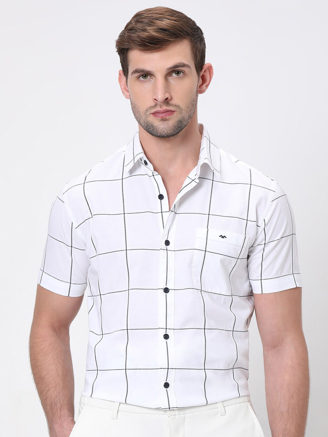 

Mufti Slim Fit Windowpane Checks Spread Collar Cotton Casual Shirt, White