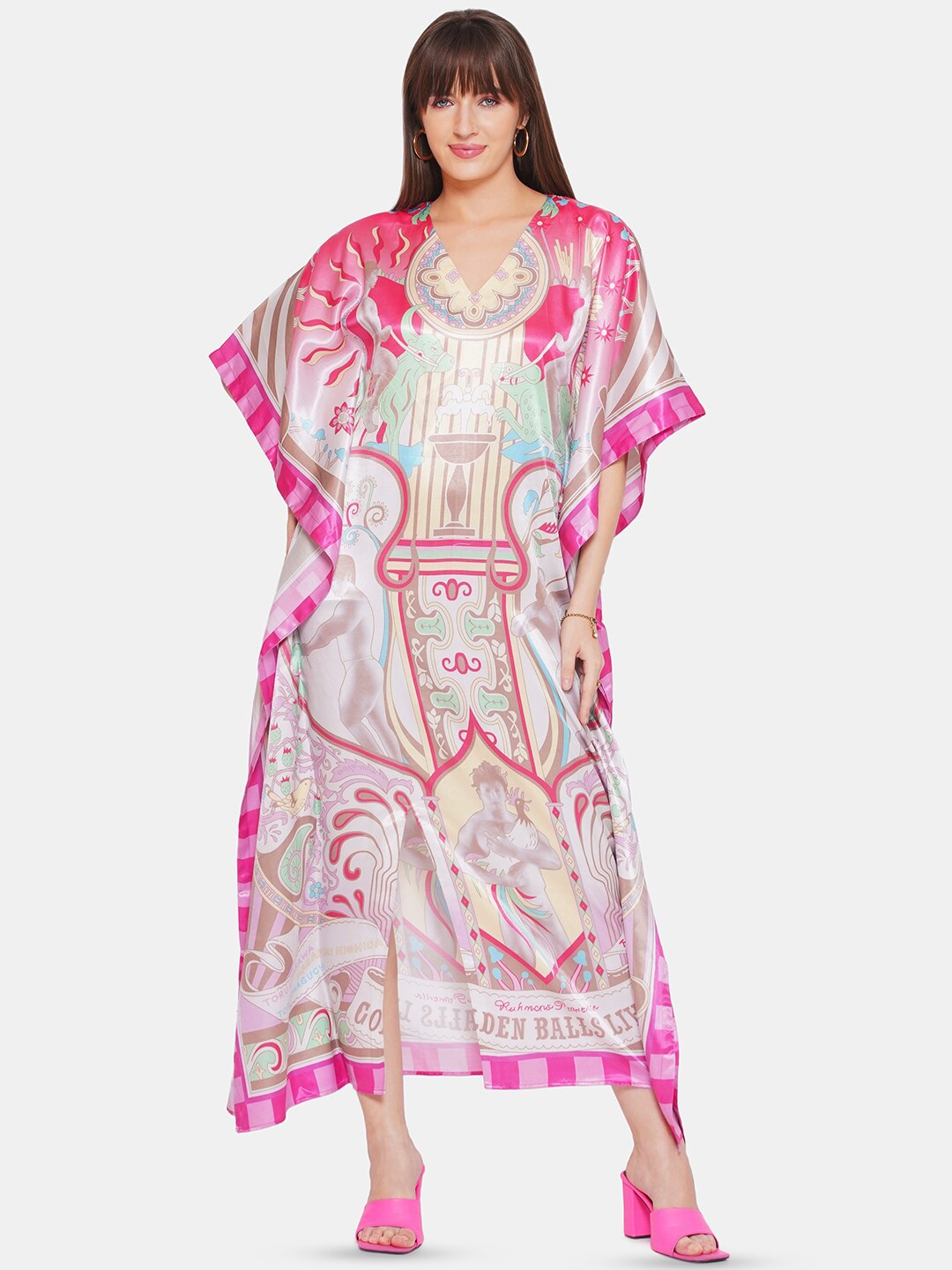 

CIN CIN Abstract Printed Kimono Sleeves Satin Kaftan Midi Dress, Pink