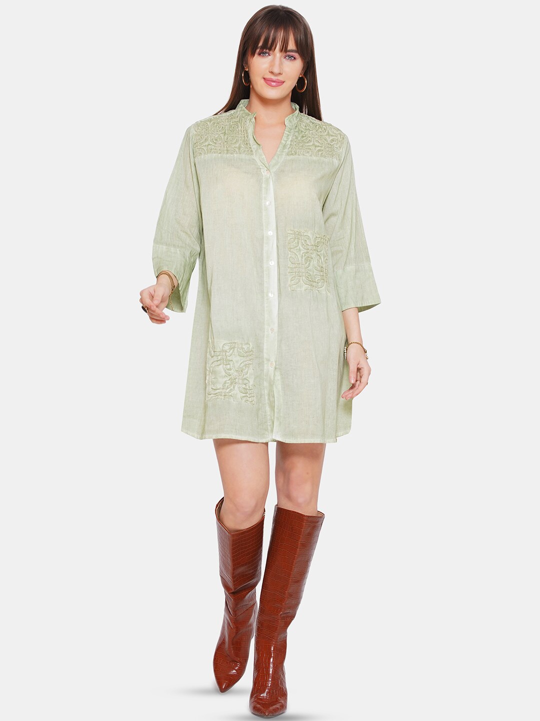 

CIN CIN Self Design Puff Sleeves Shirt Mini Dress, Olive