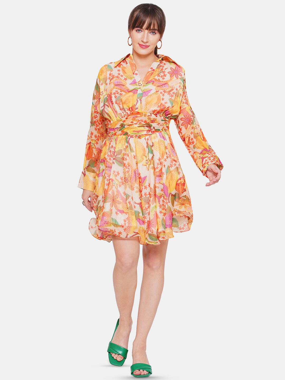 

CIN CIN Floral Printed Cuffed Sleeves Tie Up Chiffon Shirt Dress, Yellow