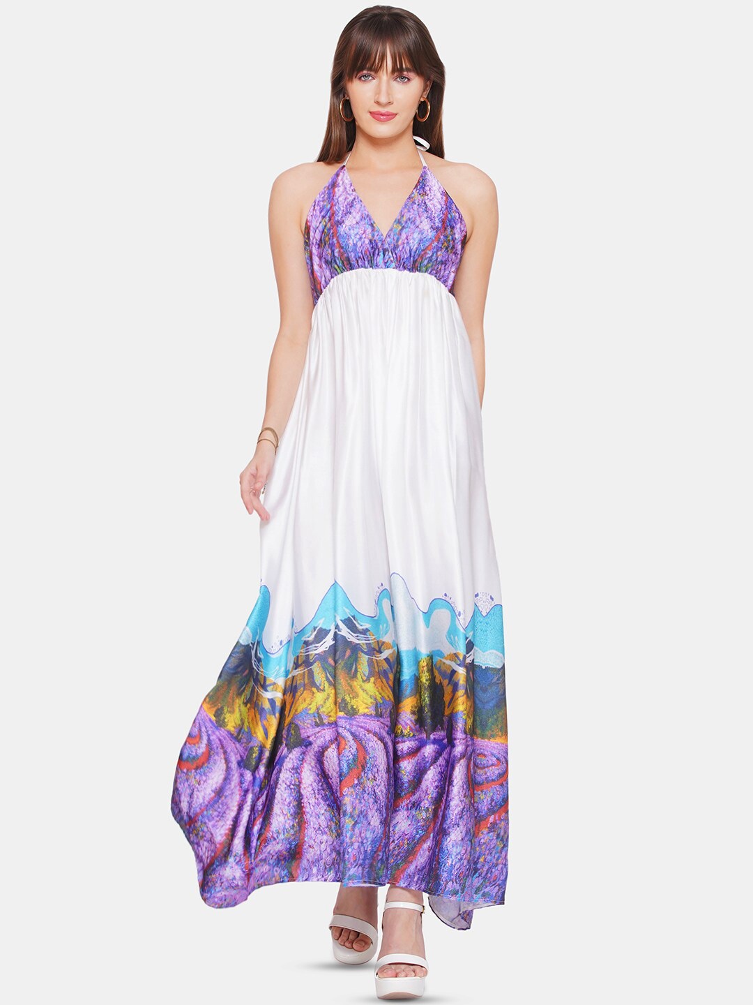 

CIN CIN Graphic Printed Halter Neck Satin Maxi Dress, White