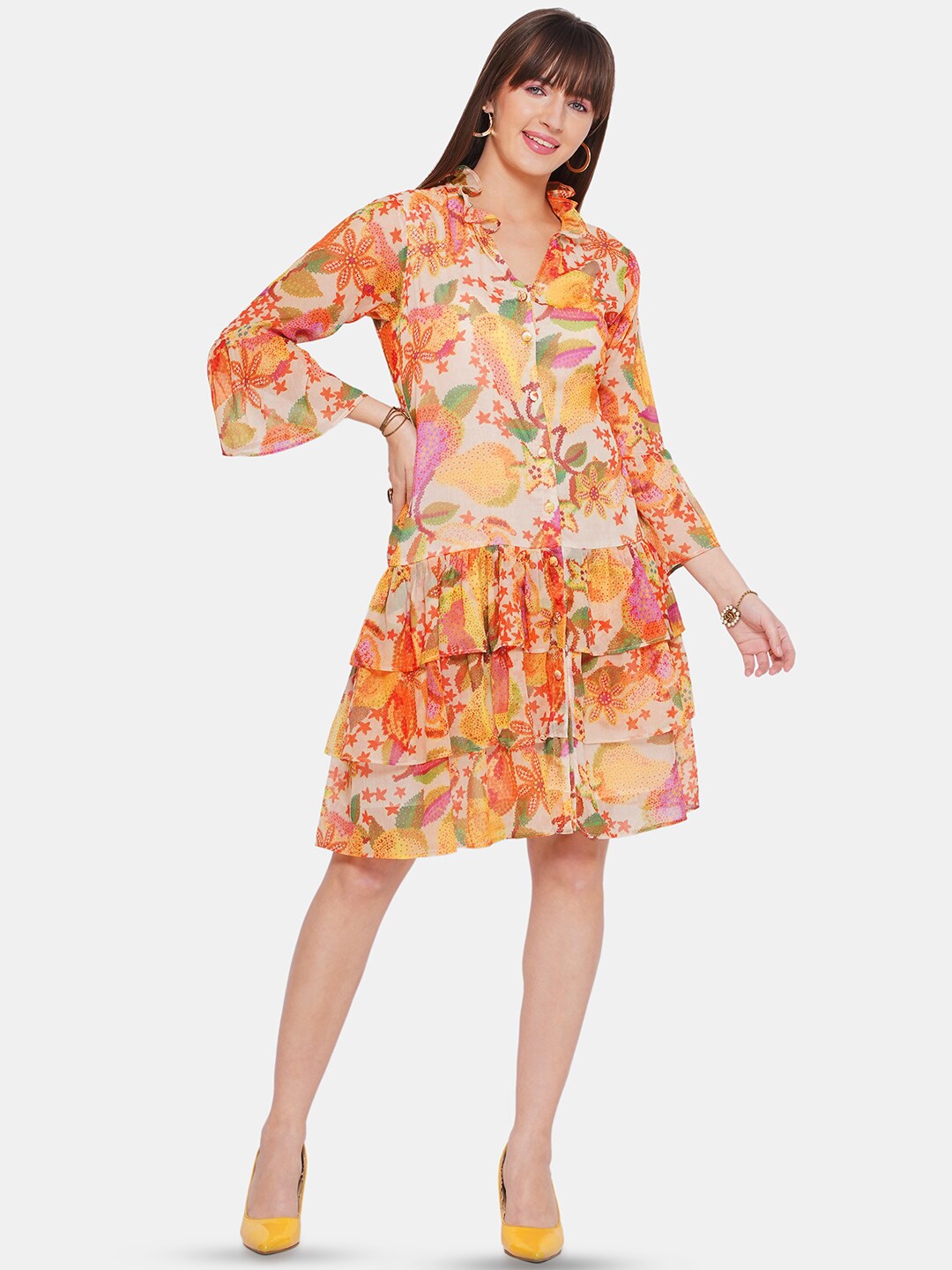 

CIN CIN Floral Printed Bell Sleeves Chiffon Drop-Waist Dress, Yellow