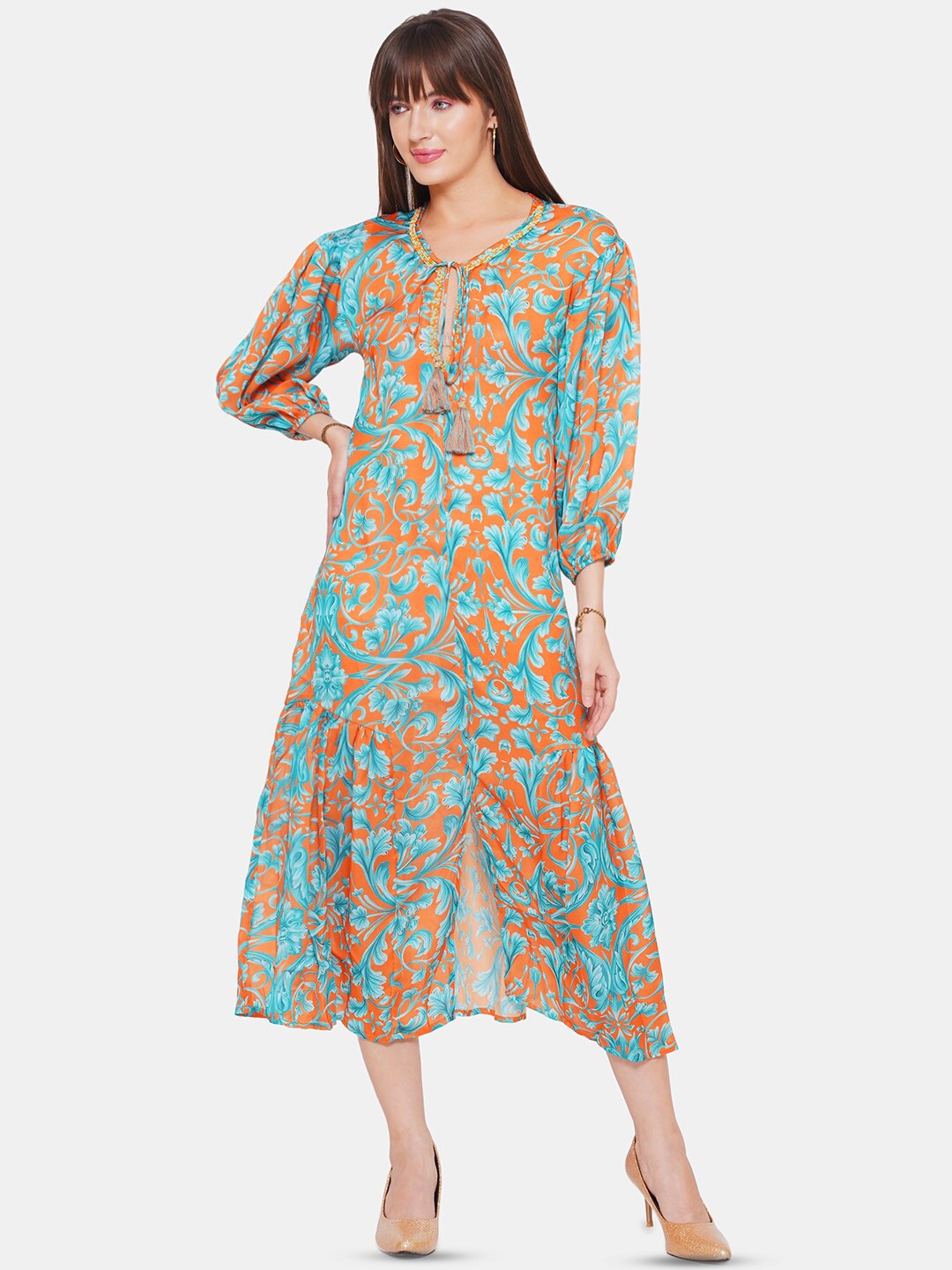 

CIN CIN Floral Printed Puff Sleeves Satin A-Line Midi Dress, Teal