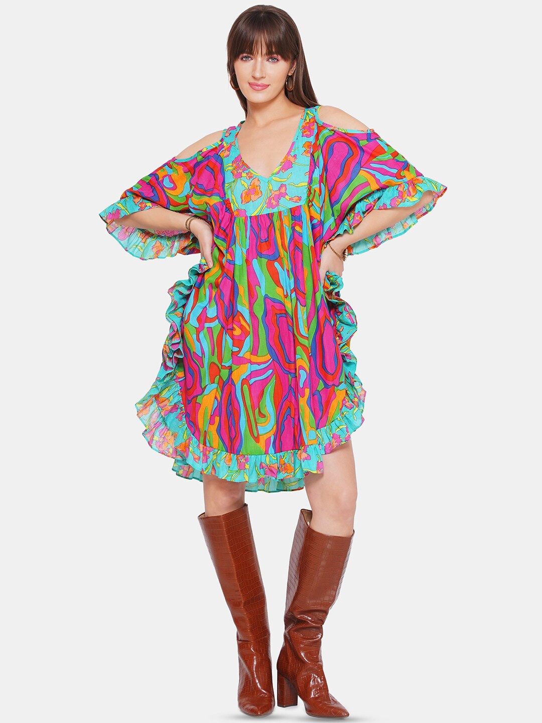 

CIN CIN Abstract Printed Cold-Shoulder Sleeves Cotton Ruffled Kaftan Dress, Pink