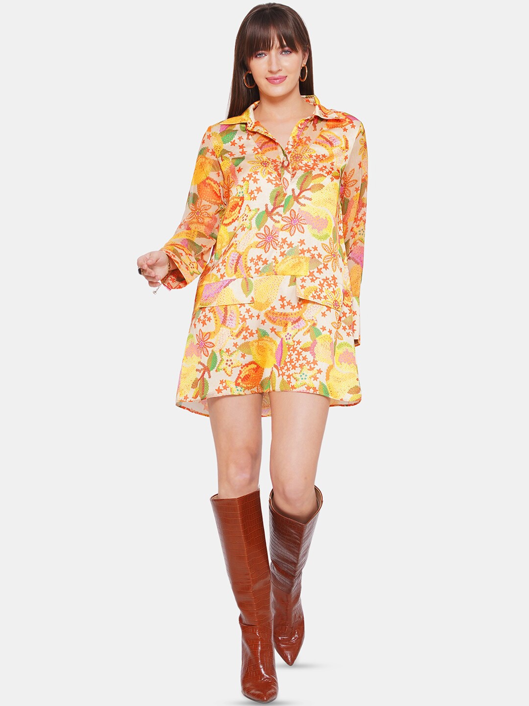 

CIN CIN Floral Printed Long Sleeves Satin Shirt Dress, Yellow