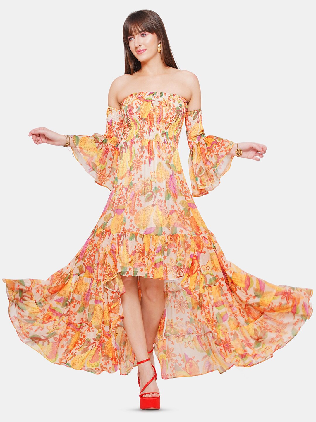 

CIN CIN Floral Printed Off-Shoulder Bell Sleeves Chiffon Fit & Flare Maxi Dress, Yellow