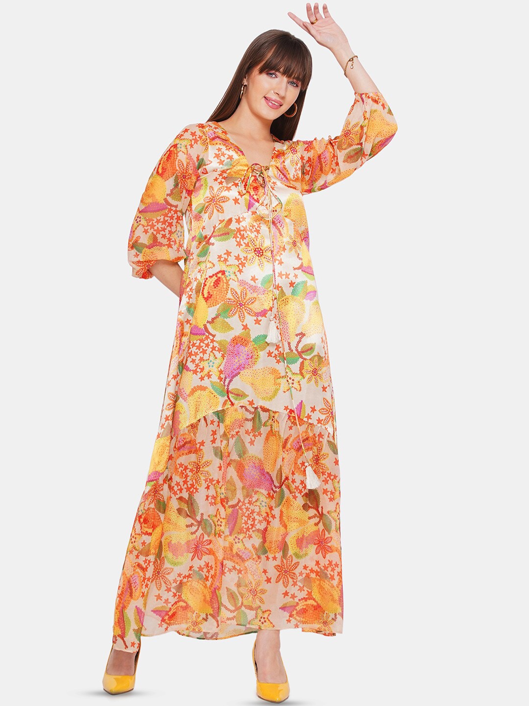 

CIN CIN Floral Printed Puff Sleeves Chiffon Tie-Up Maxi Dress, Yellow