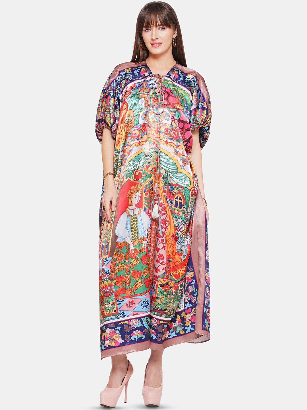 

CIN CIN Ethnic Motifs Printed Satin Kaftan Maxi Dress, Black