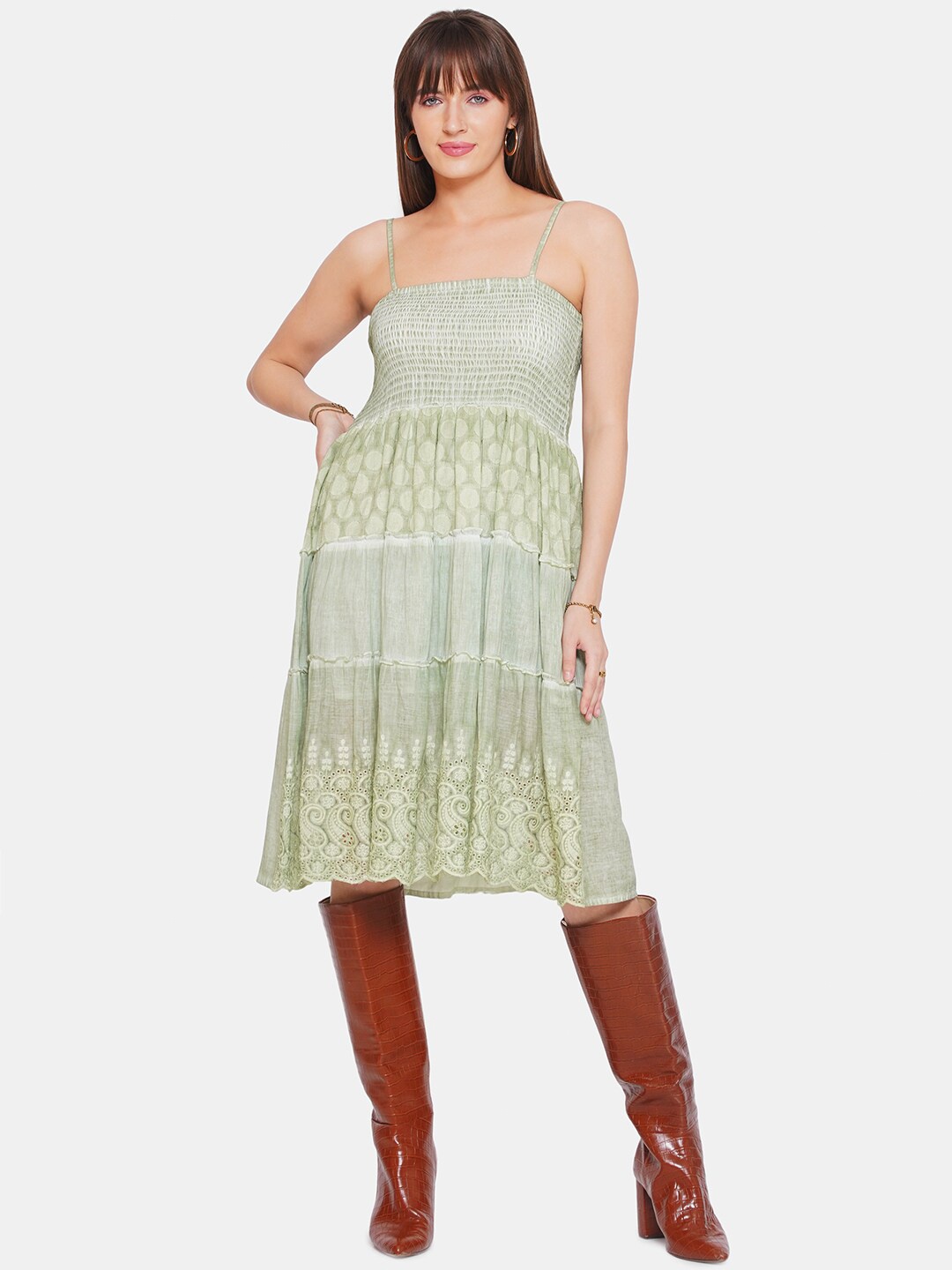 

CIN CIN Self Designed Shoulder Straps Smocked Cotton Fit & Flare Dress, Olive