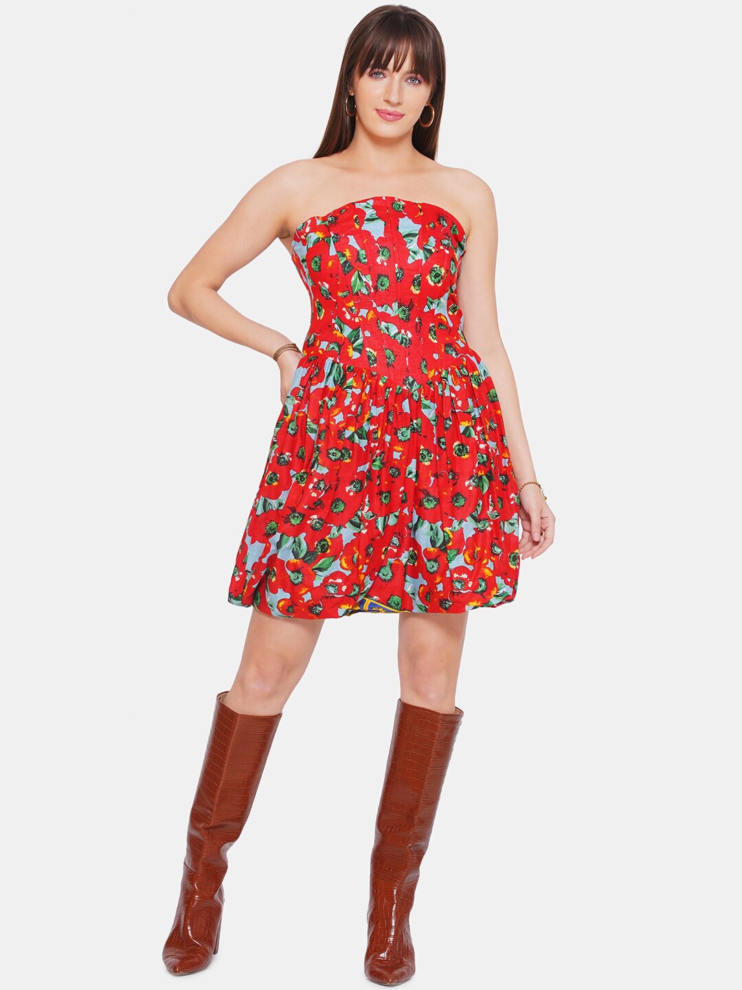 

CIN CIN Floral Printed Gathered Sleeveless Fit & Flare Dress, Red