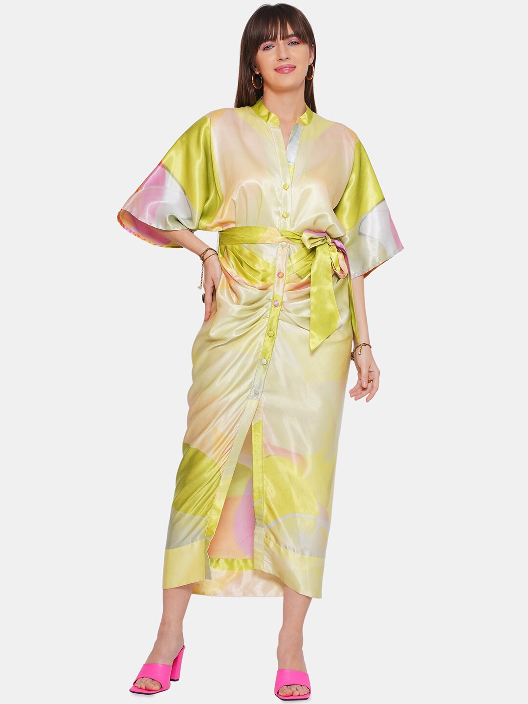 

CIN CIN Kimono Sleeves Satin Tie Up A-Line Midi Dress, Green