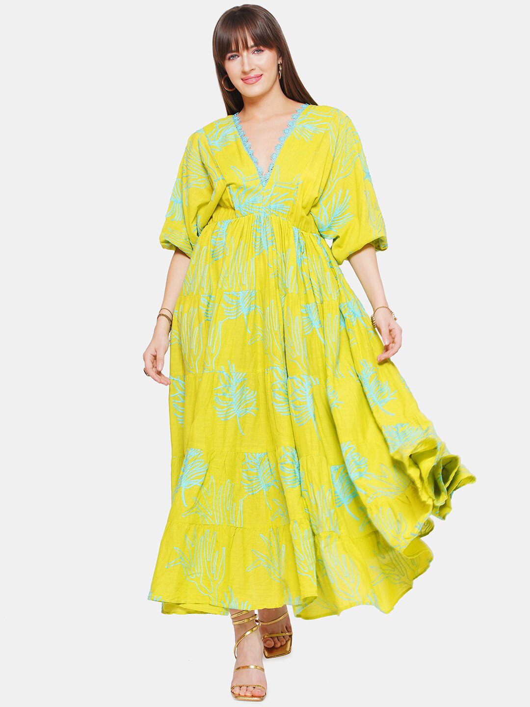

CIN CIN Floral Printed Batwing Sleeves Maxi Dress, Green