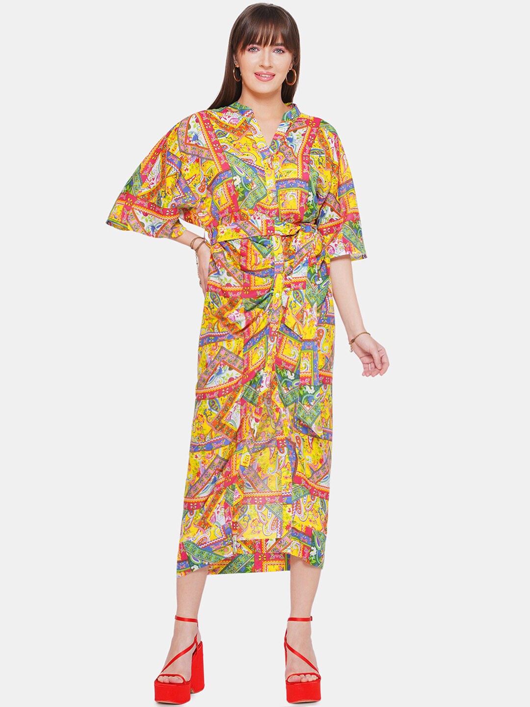 

CIN CIN Abstract Printed Flared Sleeves Tie-Ups Midi Sheath Dress With Belt, Yellow