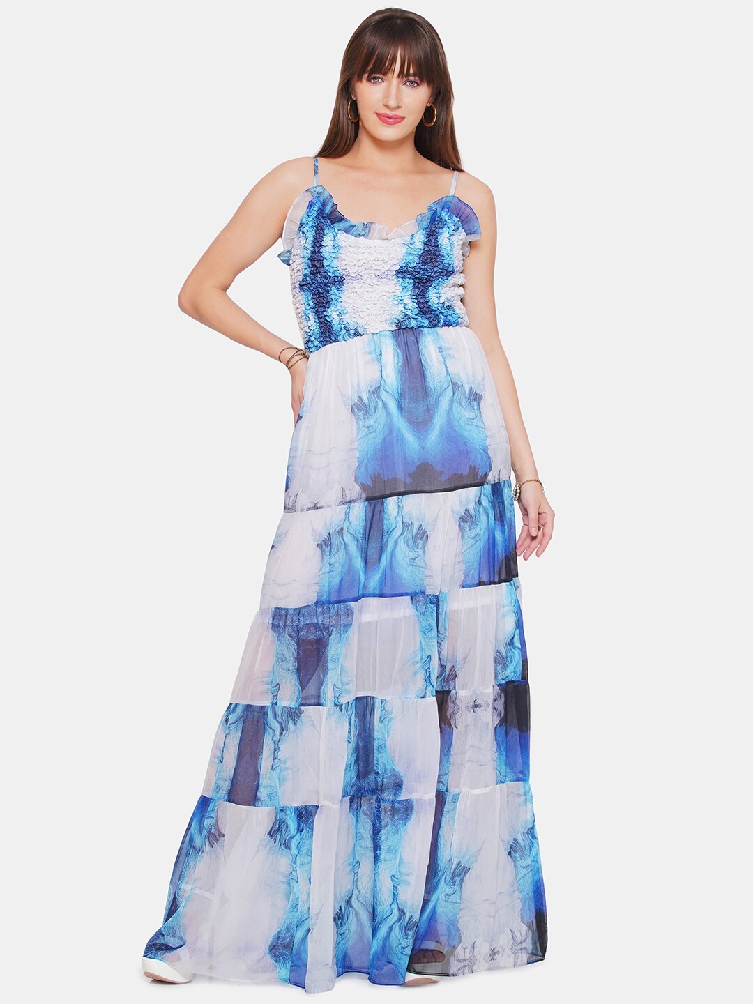 

CIN CIN Abstract Printed Smocked Chiffon Tiered Maxi Dress, Blue