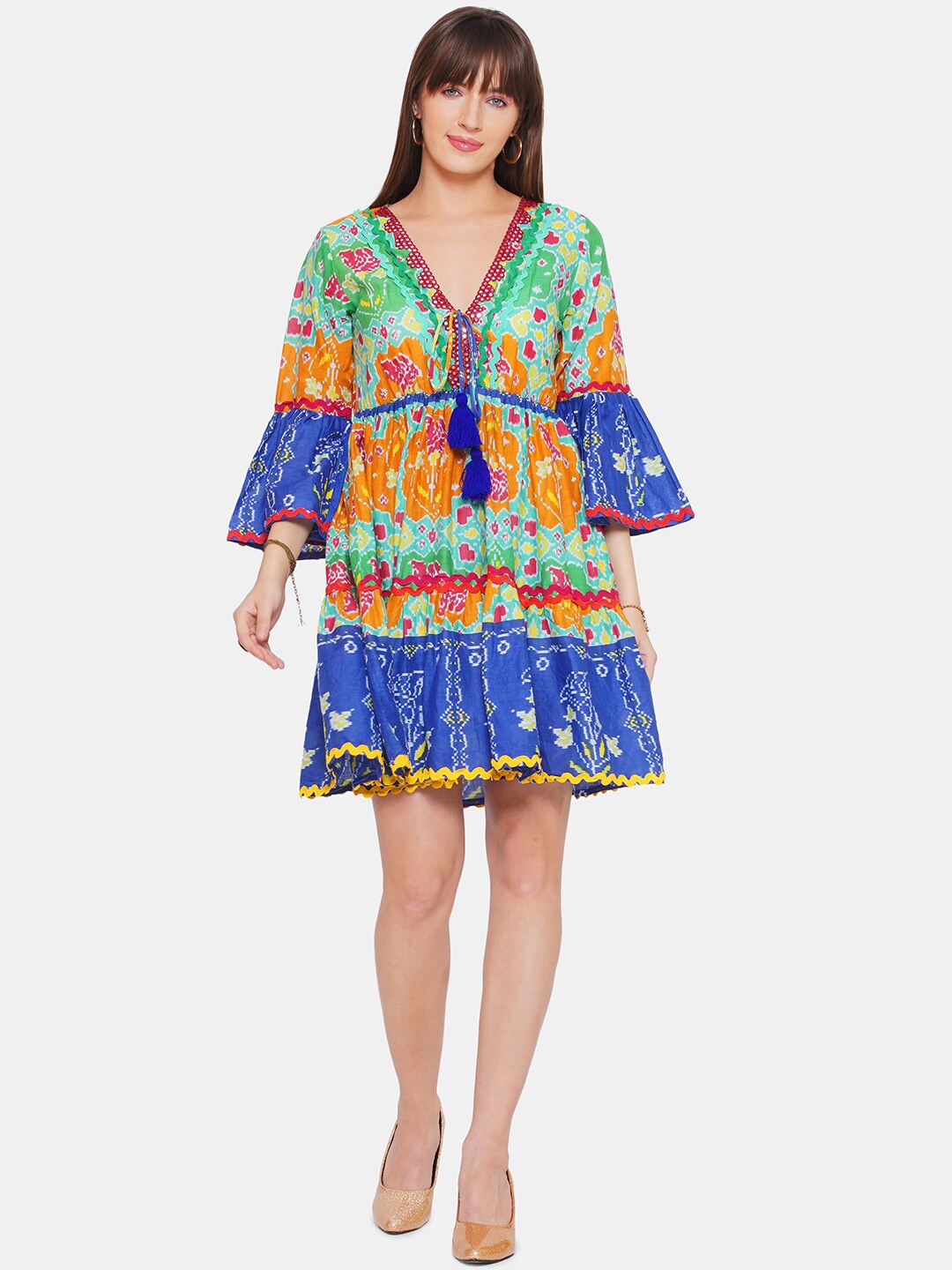 

CIN CIN Abstract Printed Bell Sleeves Cotton A-Line Dress, Teal