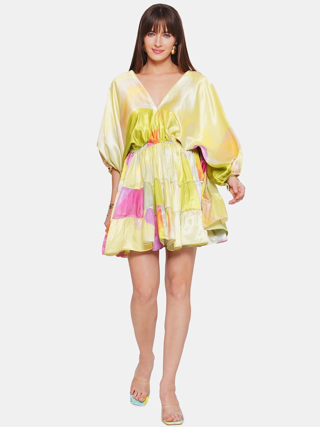 

CIN CIN Abstract Printed Puff Sleeves Gathered Tiered Satin Fit & Flare Mini Dress, Green