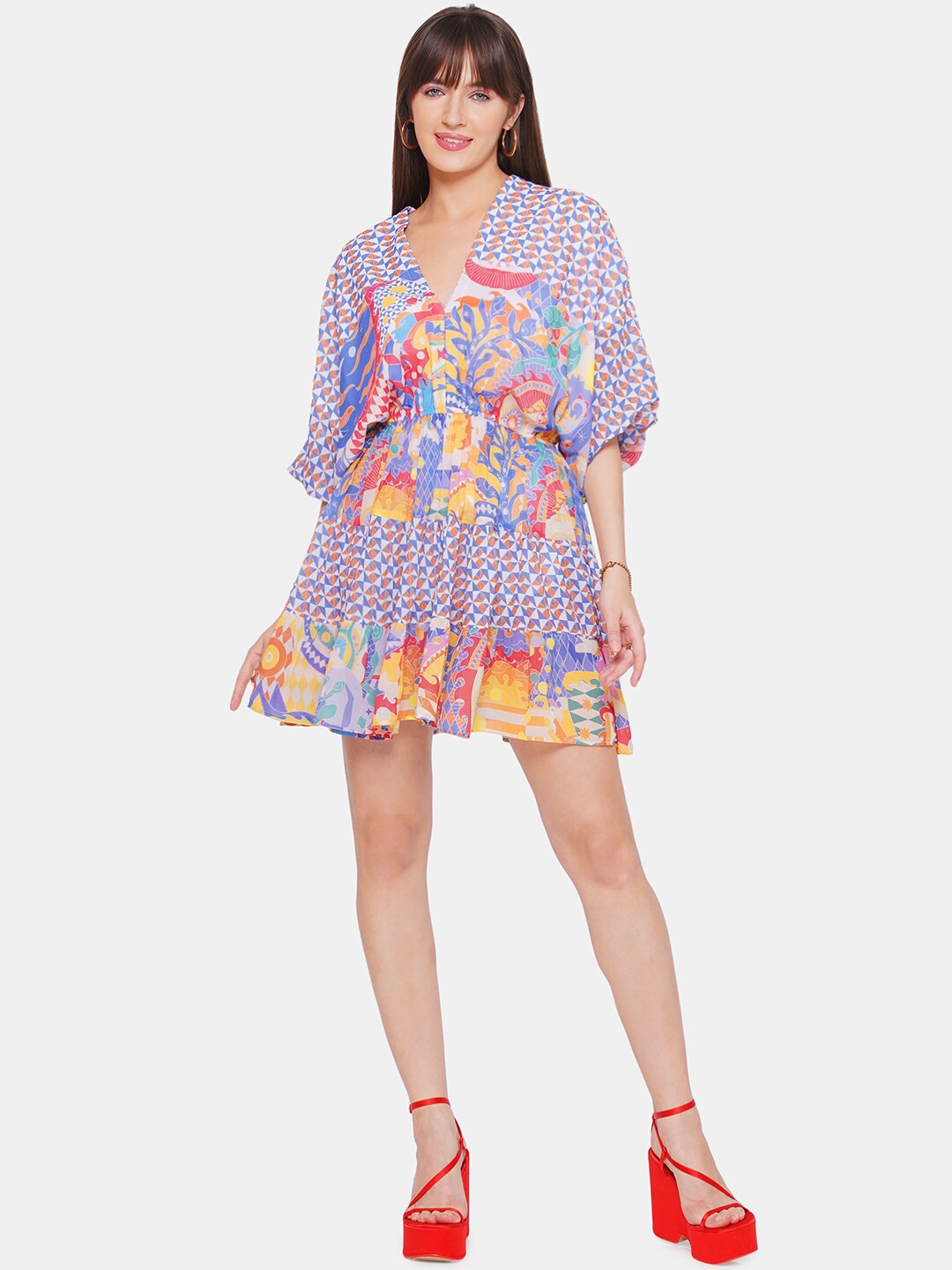 CIN CIN Floral Printed Flared Sleeves Georgette Fit & Flare Dress, White