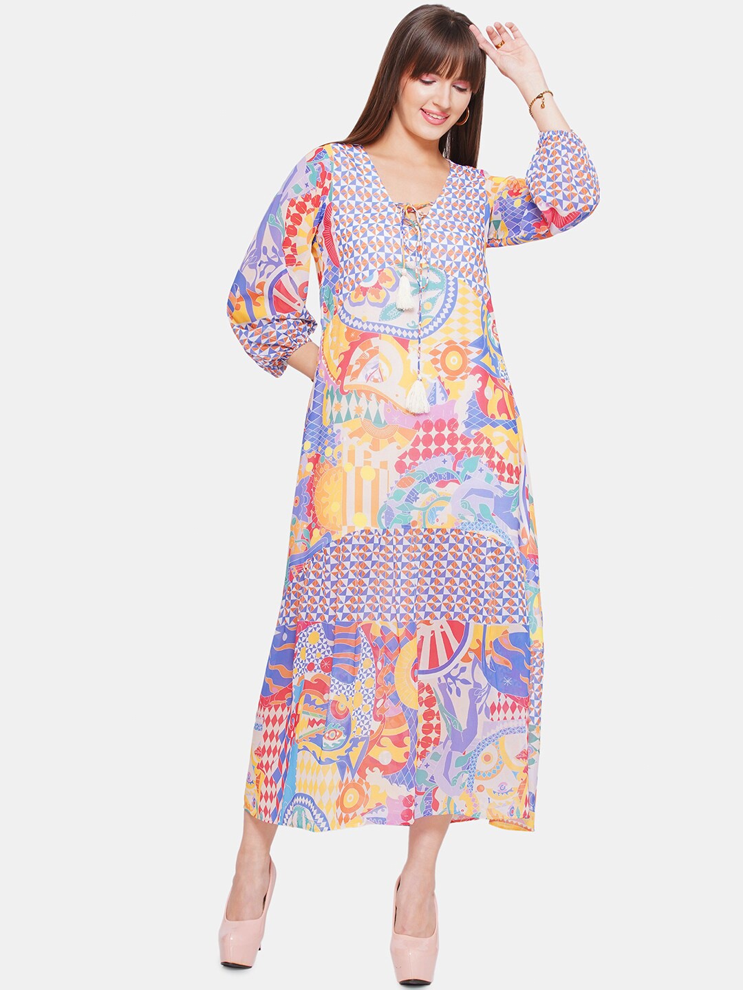 

CIN CIN Abstract Printed Chiffon A-Line Midi Dress, Blue