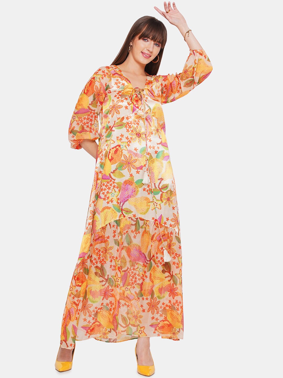 

CIN CIN Floral Printed Puff Sleeves Tie Up Satin Maxi Dress, Yellow