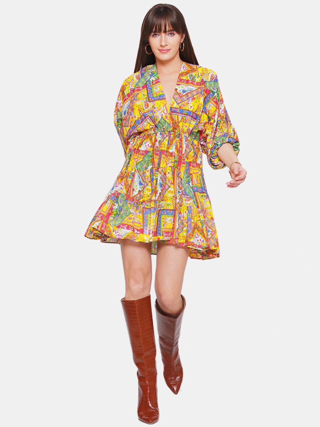 

CIN CIN Floral Printed Fit & Flare Puff Sleeves Fit & Flare Mini Dress, Yellow