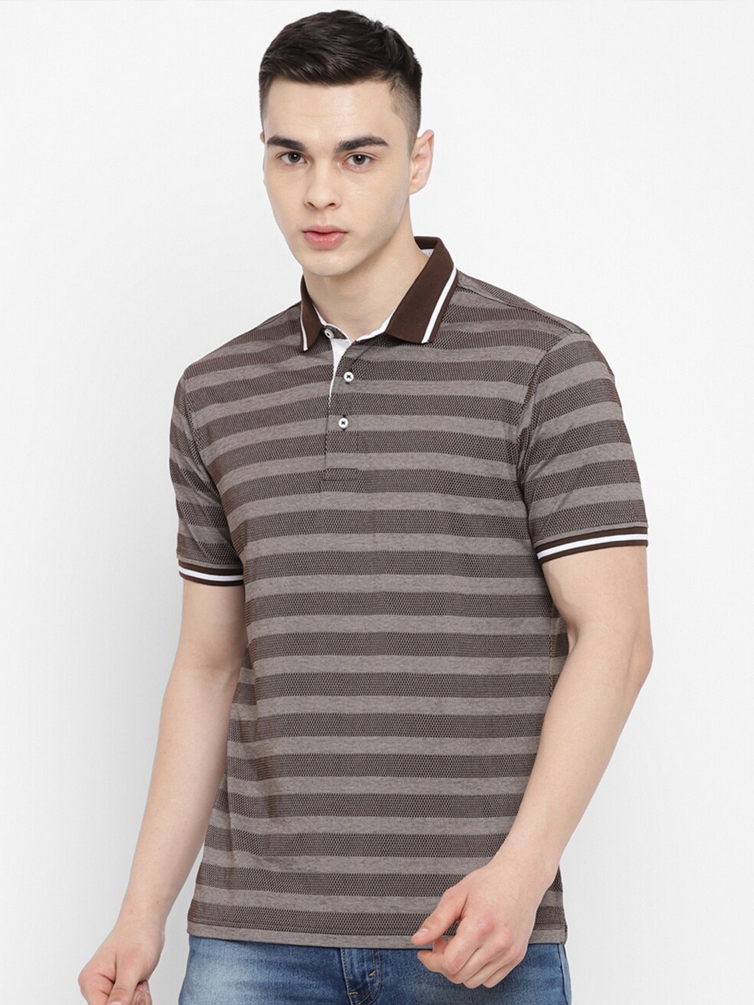 

Red Chief Striped Polo Collar Cotton T-shirt, Brown