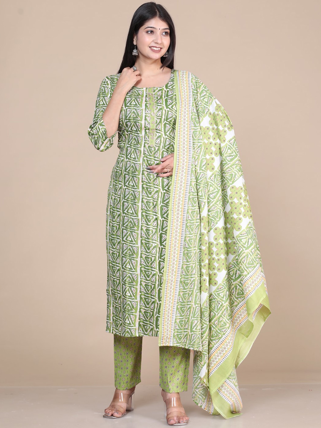 

HERE&NOW Ethnic Motifs Printed Regular Straight Kurta With Trousers & Dupatta, Green