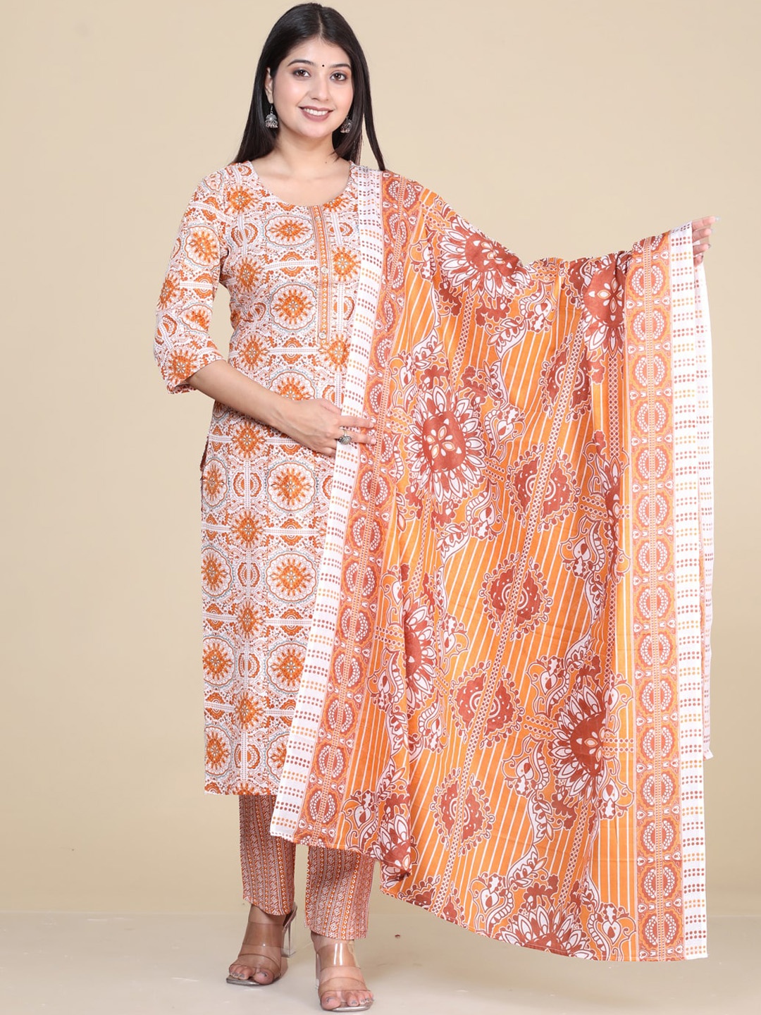 

HERE&NOW Ethnic Motifs Printed Regular Straight Kurta With Trousers & Dupatta, Orange