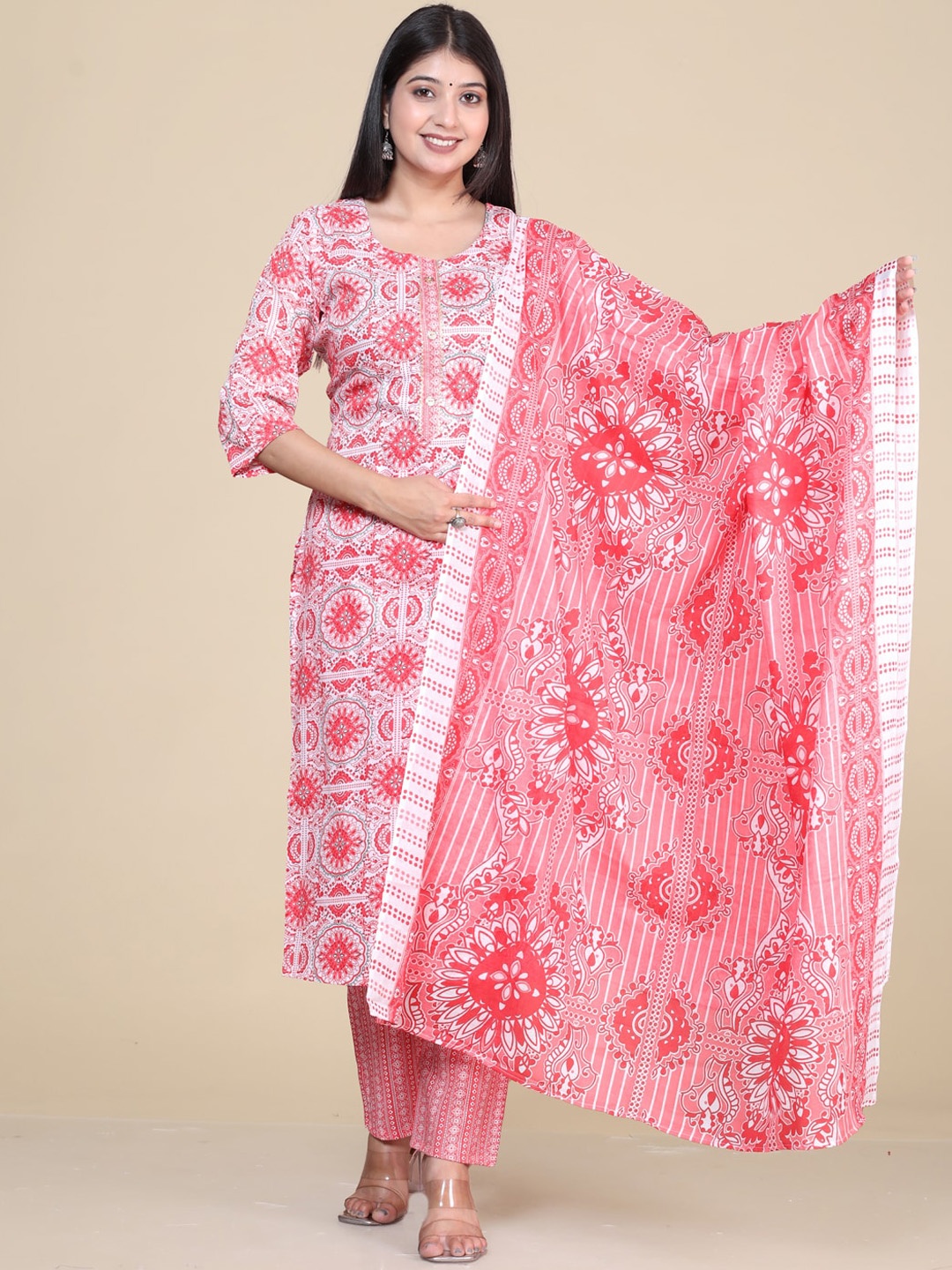 

HERE&NOW Ethnic Motifs Printed Regular Straight Kurta With Trousers & Dupatta, Pink