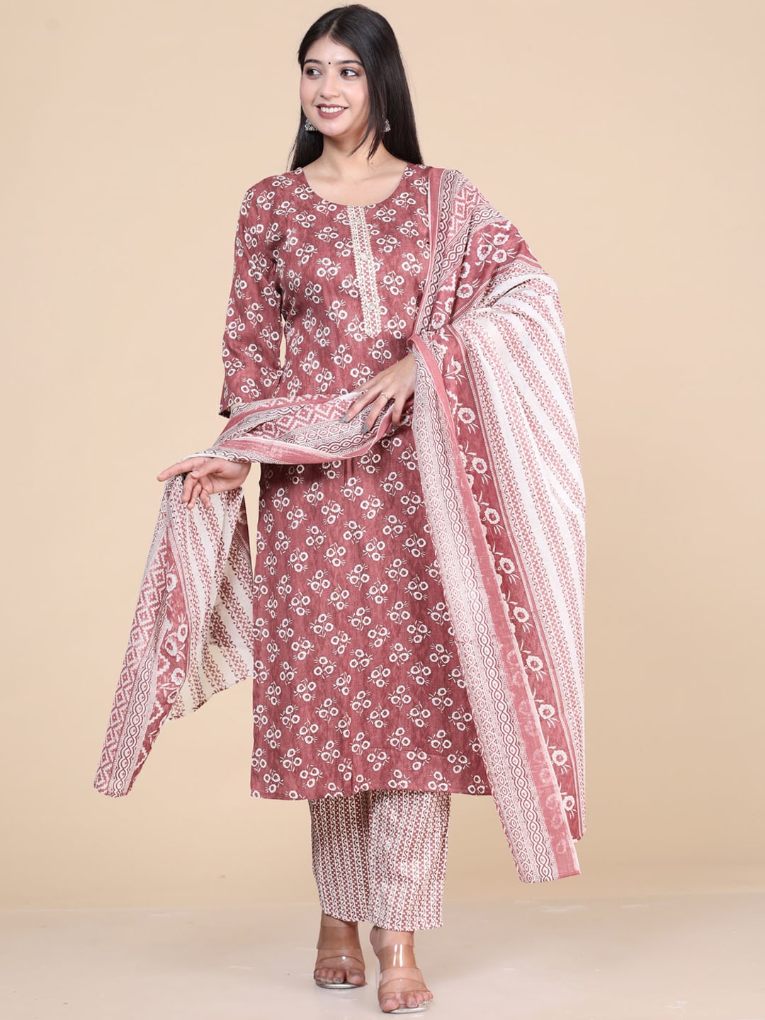 

HERE&NOW Maroon Floral Printed Round Neck Kurta with Trousers & Dupatta