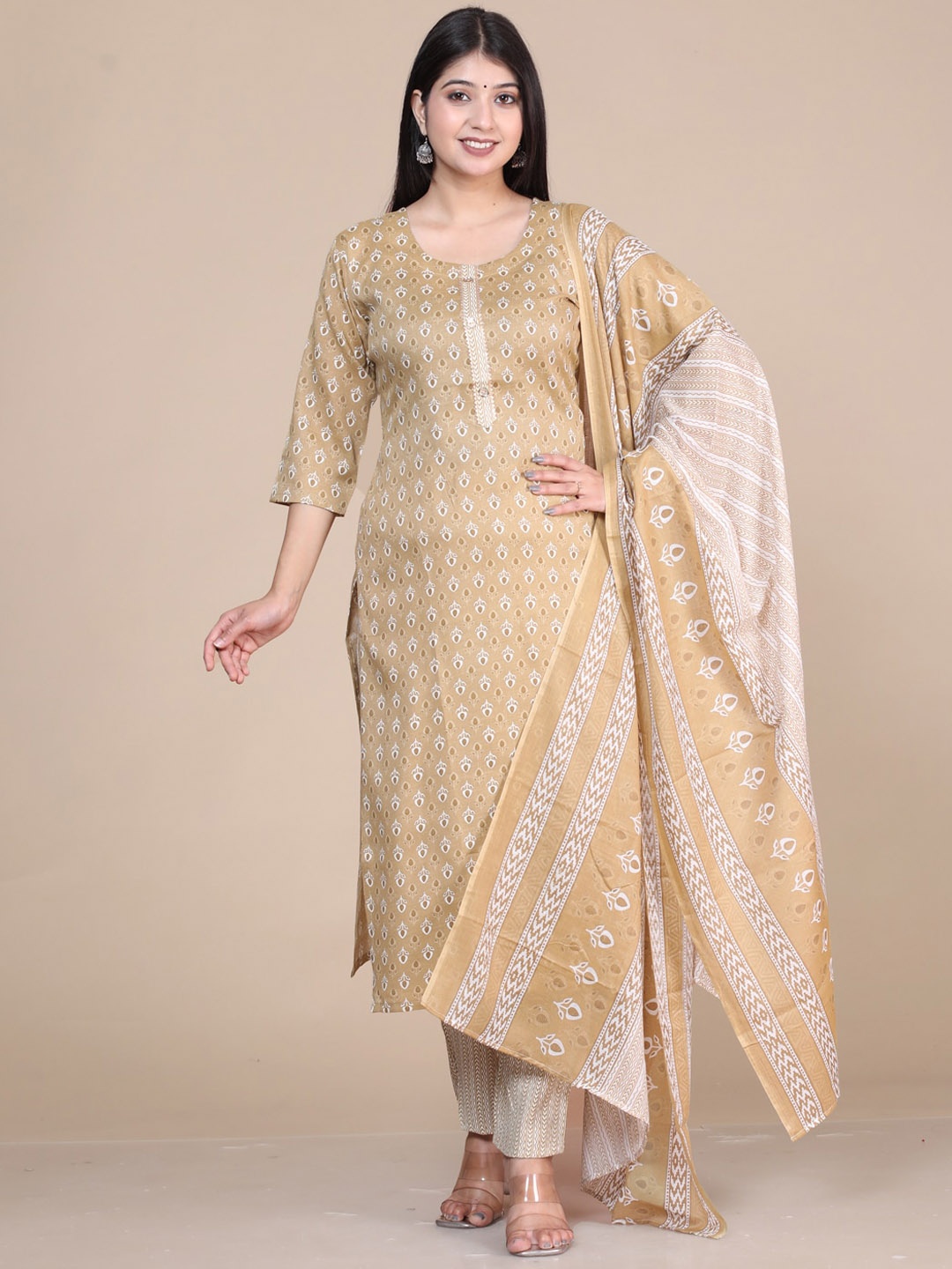 

HERE&NOW Ethnic Motifs Printed Regular Straight Kurta With Trousers & Dupatta, Brown